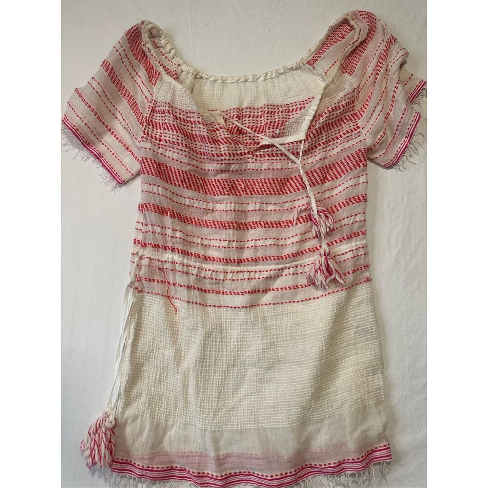 Lemlem Gauze Tunic Top Tassel Fringe Red White Embroidered Cotton Boho M
